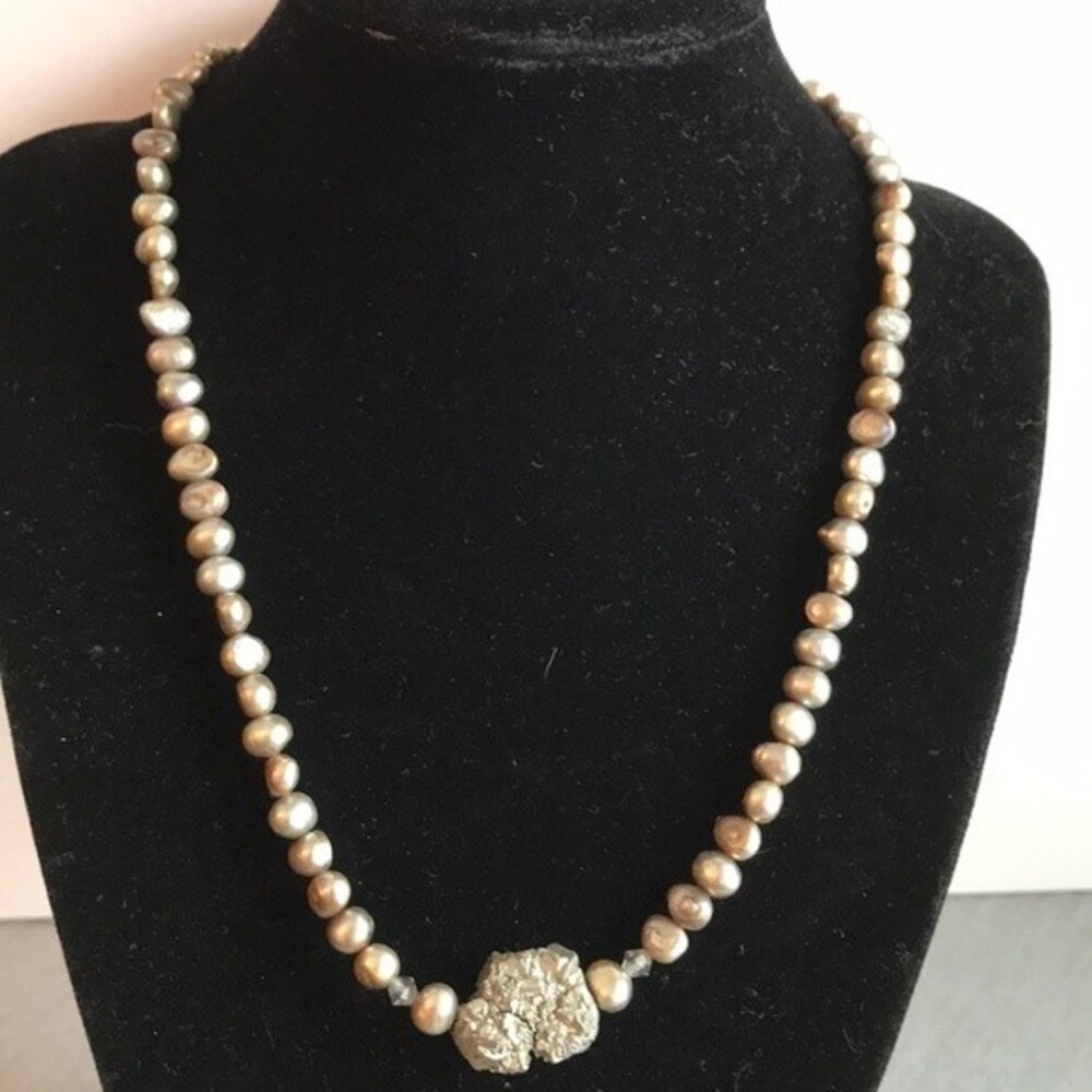 Vintage Handmade Pyrite Pearl Necklace Sterling Silver Toggle Necklace 18 Inch